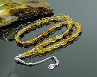 Natural Baltic Amber Rosary with Plant Fossils & 925 Silver Tassel,  Real Amber Praying Beads, Genuine  Amber Islamic Rosary,Amber Tesbih