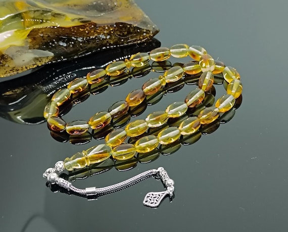 Natural Baltic Amber Rosary with Plant Fossils & 925 Silver Tassel,  Real Amber Praying Beads, Genuine  Amber Islamic Rosary,Amber Tesbih