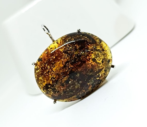Large Green Amber 925 Silver Pendant with Leather Cord,Genuine Baltic Amber Pendant,Handmade  Birthstone Amber Jewelry,Gift for Her,17gr