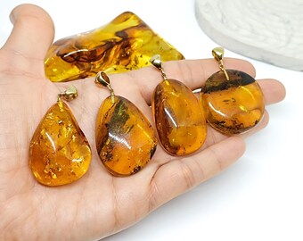 Pendentif Ambre Avec 2 Insectes Fossiles - Argent 925 Plaqué Or, 3,8 Cm (Lithuanie)