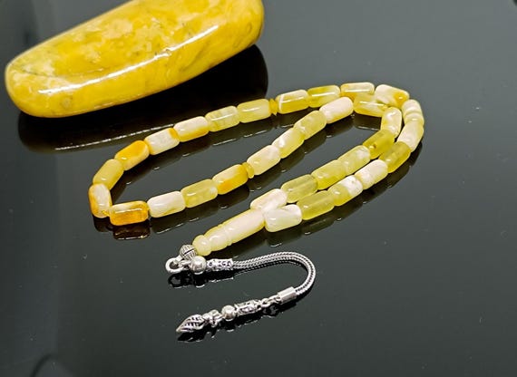 White Baltic Amber Rosary with 33 Beads & 925 Sterling Silver Tassel,Natural Baltic Amber Islamic Prayer Beads,Amber Tesbih,Kahraman