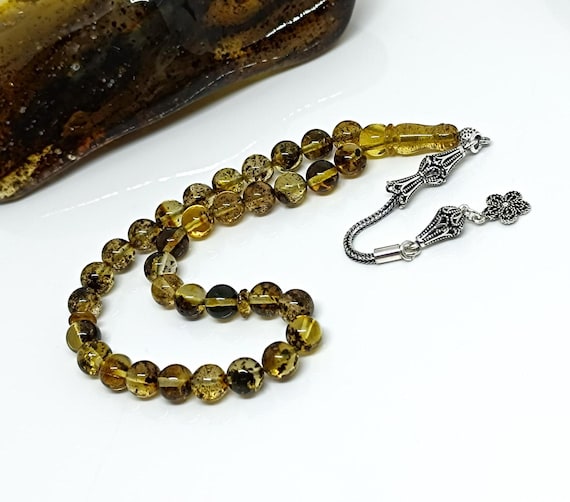 Real Baltic Amber Rosary with Plant Fossils & 925 Silver Tassel, Amber with Plant Fossils, Natural Baltic Amber 33 Beads Islamic Rosary