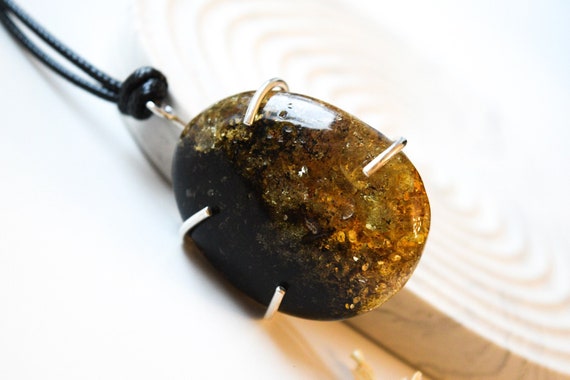 Natural Green Baltic Amber 925 Silver Pendant with Adjustable Cord,Amber Pendant,Silver Pendant,Birthstone Pendant,Gift for Her,Boho Pendant