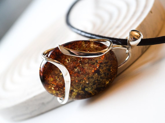 Baltic Amber Silver Pendant with Leather Cord,Genuine Baltic Amber Pendant,925 Silver Pendant,Birthstone Pendant,Gift for Her,12gr