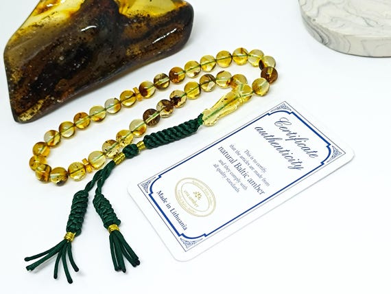 Baltic Amber Rosary with Plant Fossils, Real Genuine Amber Prayer Beads, Natural Baltic Amber Islamic Rosary,Amber Tesbih,Kahraman