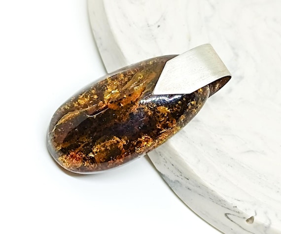 Large Raw Natural Amber Pendant with Sterling Silver, Genuine Amber & Silver, Amber for Healing and Anxiety, Baltic Amber with Plant Fossils