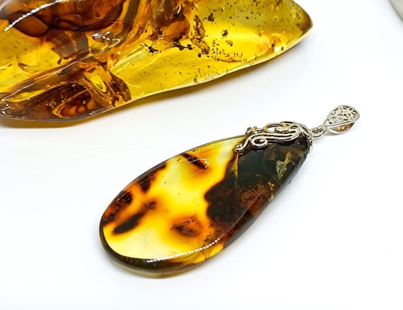 Large Natural Baltic Amber Pendant with Sterling Silver, Genuine Amber Pendant for Healing, Birthstone Pendant, Gemstone Jewelry