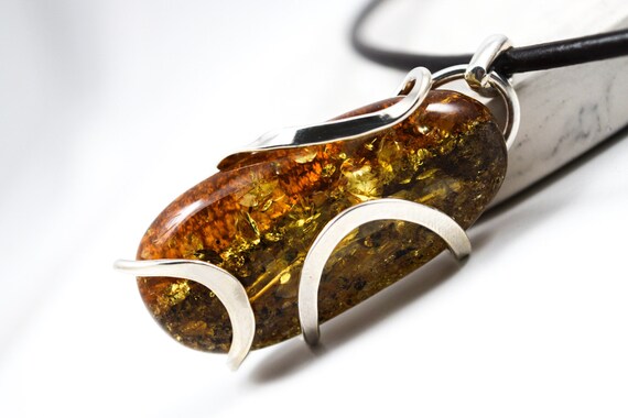 Baltic Amber Silver Pendant with Leather Cord,Genuine Baltic Amber Jewelry,925 Silver Gift,Birthstone Pendant,Gift for Her,15gr