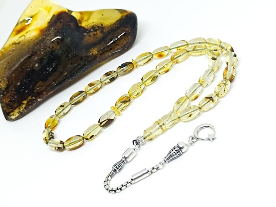 33 Beads Baltic Amber Rosary with 925 Sterling Silver Tassel,Natural Amber Islamic  Rosary,Amber Rosary with Plant FossilsKahraman, Kehribar