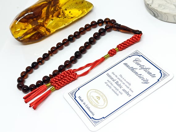 33 Beads Real Authentic Amber Rosary, Natural Baltic Amber Prayer Beads, Kahraman, Kehribar, Genuine Amber Muslim Misbah,7mm