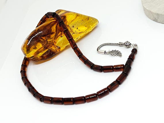 Natural Baltic Amber Rosary, 33 Beads, Sterling Silver Tassel, Islamic Prayer Beads