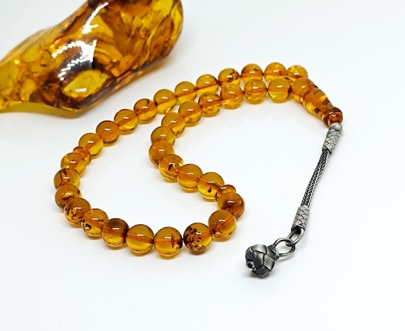 Natural Real Cognac Color Amber 33Beads Rosary with 925 Sterling Silver Tassel,Baltic Amber, Tesbih, Kahraman,Genuine Kehribar Muslim Misbah