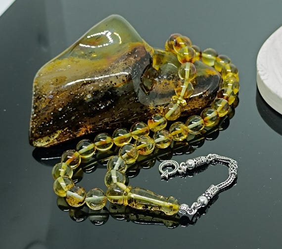 Real Baltic Amber Rosary with Plant Fossils & 925 Silver Tassel, Amber with Plant Fossils,Natural Baltic Amber Islamic Rosary,Amber Tesbih