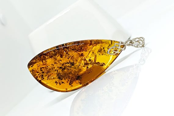 Large Amber Silver Pendant,Genuine Cognac Amber Pendant,Handmade 925 Silver Pendant,Birthstone Pendant,Baltic Amber,12g