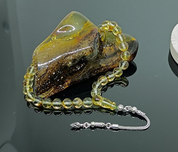 Natural Baltic Amber Rosary with Plant Fossils & 925 Silver Tassel, Amber with Plant Fossil,Genuine Baltic Amber Islamic Rosary,Amber Tesbih