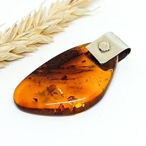 Large Baltic Amber Pendant with 925 Silver,Amber  with Plant Fossils,Unique Pendant,Cognac  Amber,Birthday Gift,Natural Baltic Amber Pendant
