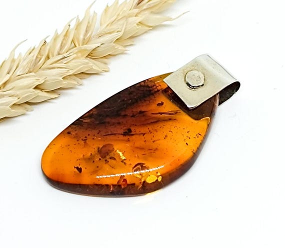 Large Baltic Amber Pendant with 925 Silver,Amber  with Plant Fossils,Unique Pendant,Cognac  Amber,Birthday Gift,Natural Baltic Amber Pendant