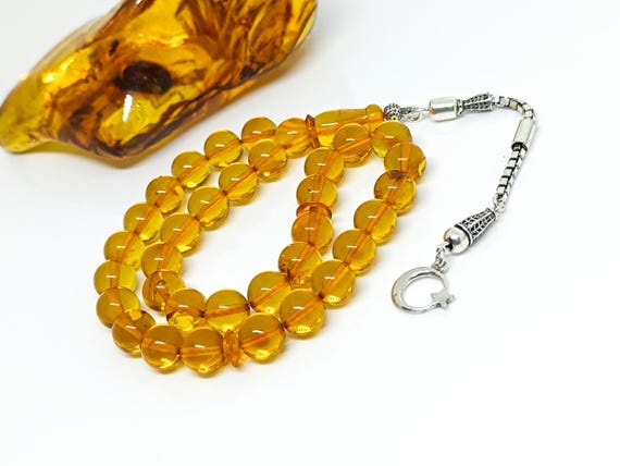 9 mm Natural Real Cognac Color Amber 33Beads Rosary with 925 Silver Tassel,Baltic Amber, Tesbih, Kahraman, Genuine Kehribar Muslim Misbah