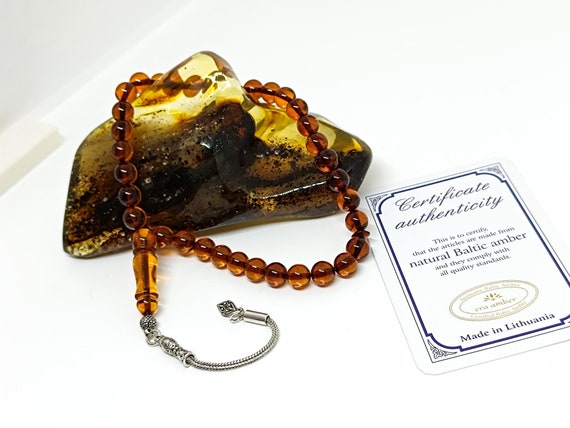 Natural Real Cognac Color Amber Rosary with 925 Sterling Silver Tassel,Baltic Amber, Tesbih, Kahraman, Kehribar, Genuine Amber Muslim Misbah