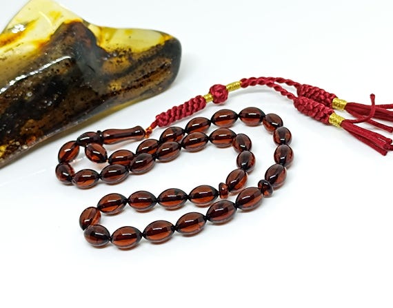 33 Beads Real Authentic Amber Rosary, Natural Baltic Amber Prayer Beads, Kahraman, Kehribar,Genuine Amber Muslim Misbah,10mmx7mm