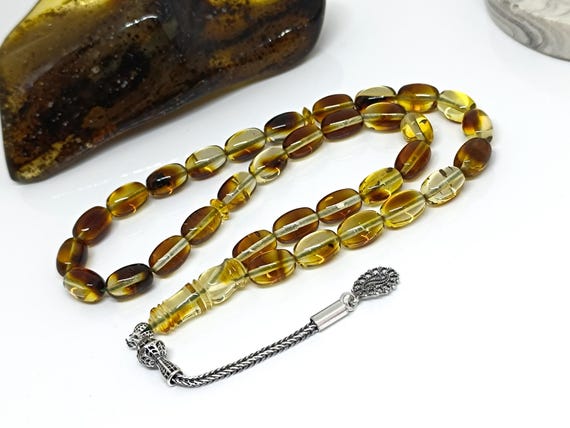 Baltic Amber Rosary, 33 Beads, Sterling Silver Tassel, Natural Fossil Inclusions
