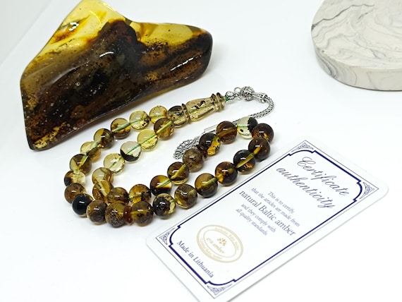 Real Baltic Amber Rosary with Plant Fossils & 925 Silver Tassel, Amber with Plant,Natural Baltic Amber Islamic Rosary, Amber Tesbih,10mm