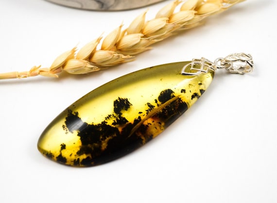 Authentic Green Amber Silver Pendant with Plant Fossils,Genuine Baltic Amber 925 Silver Pendant,Birthstone Baltic Amber Pendant,Gift for Her
