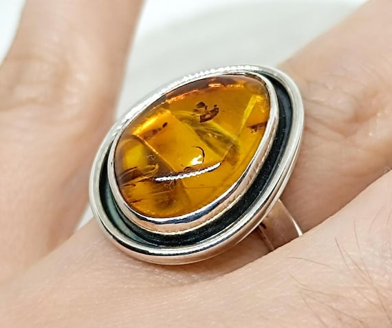 Amber Silver Ring, Adjustable Ring,Natural Statement Amber Ring,925 Silver Ring, Handmade Solid Silver Ring,Healing Ring,Gemstone Ring