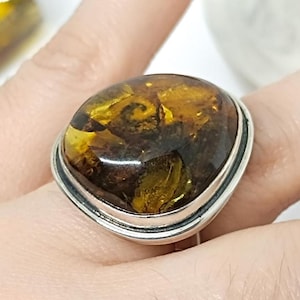 Elegant Genuine Amber 925 Silver Ring with Plant Fossils, Natural Amber Sterling Silver Ring,Adjustable Amber Ring,  Baltic Amber Ring