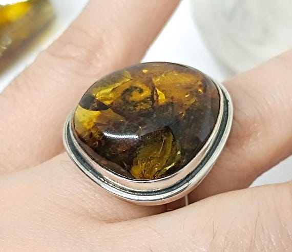 Elegant Genuine Amber 925 Silver Ring with Plant Fossils, Natural Amber Sterling Silver Ring,Adjustable Amber Ring,  Baltic Amber Ring