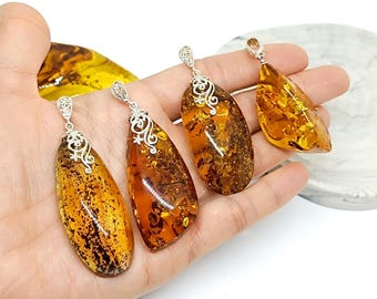 Large Cognac Baltic Amber Pendant, 925 Sterling Silver Bail