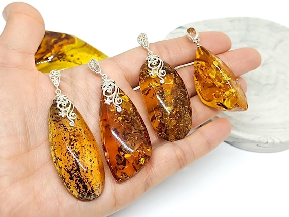 Large Baltic Amber Pendant with 925 Silver Bail, Big Unique Pendant, Cognac Color Amber, Birthday Gift, Natural Baltic Amber Pendant
