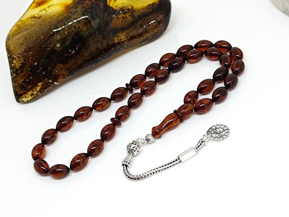 Natural Baltic Amber Rosary, 33 Beads, 925 Sterling Silver Tassel, Islamic Prayer Beads