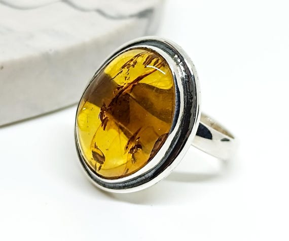 Natural Baltic Amber Silver Ring with Plant Fossils,925 Sterling Silver Amber Ring, Adjustable Genuine Amber Ring, Large Handmade Amber Ring