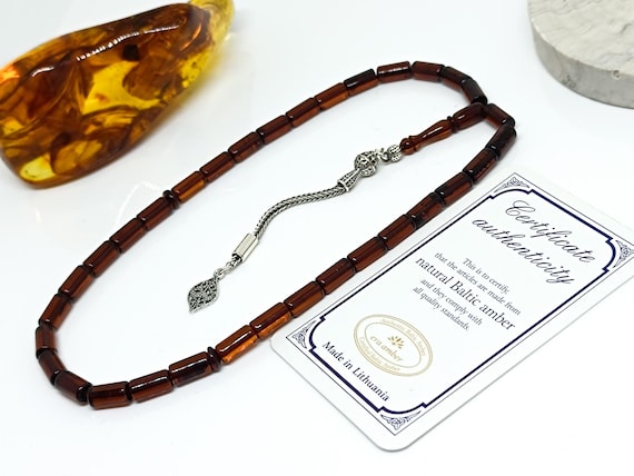 Natural Baltic Amber Rosary, 33 Beads, Sterling Silver Tassel, Islamic Prayer Beads