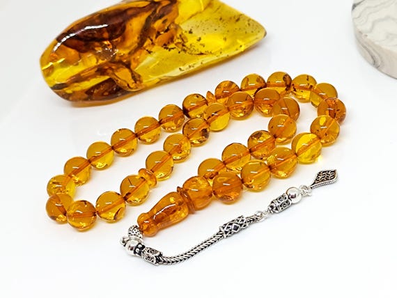 10mm Real Authentic Amber Rosary with 925 Silver Tassel, 33 Beads Natural Baltic Amber Prayer Beads, Kahraman, Kehribar,Amber Muslim Misbah