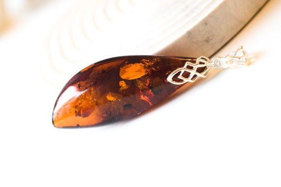 Baltic Amber Pendant with Sterling Silver Bail,Amber Pendant with Plant Fossils,Gemstone Pendant,Raw Stone Pendant,Gift for Her