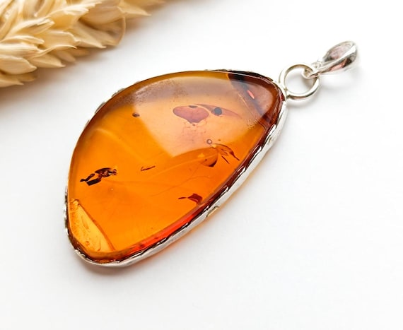 Amber Silver Pendant with Gold Plated  Silver, Genuine Baltic Amber Pendant,925 Silver Pendant, Birthstone Pendant, Baltic Amber Pendant