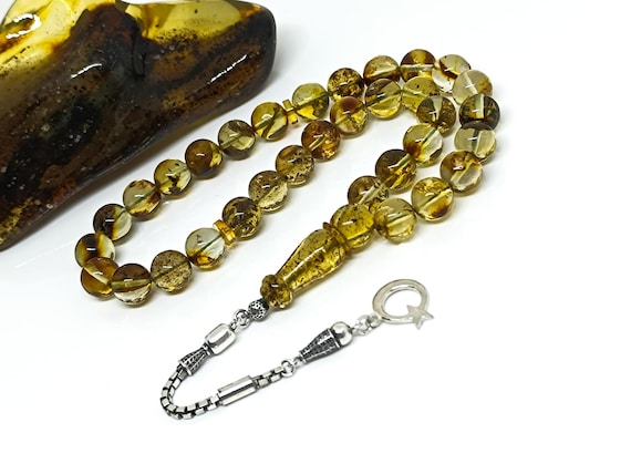 33 Beads Baltic Amber Rosary with 925 Sterling Silver Tassel,Natural Amber Islamic  Rosary,Amber Rosary with Plant FossilsKahraman, Kehribar