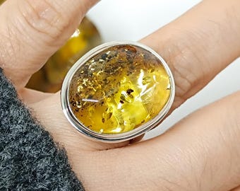 Elegant Genuine Amber  Silver Adjustable Ring, Natural Amber Sterling Silver Ring, Resizable Amber Ring,925 Silver Real Baltic Amber Ring