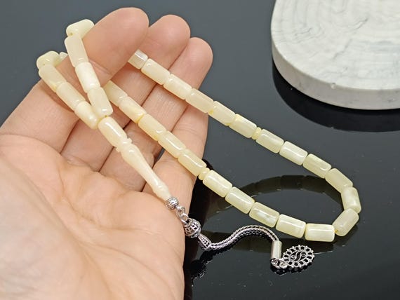 White Baltic Amber Rosary, 33 Beads, Sterling Silver Tassel, Islamic Prayer Beads