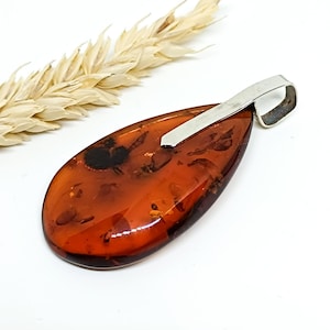 Large Natural Baltic Amber Pendant with Sterling Silver, Genuine Amber Pendant for Healing, Birthstone Pendant, Gemstone Jewelry