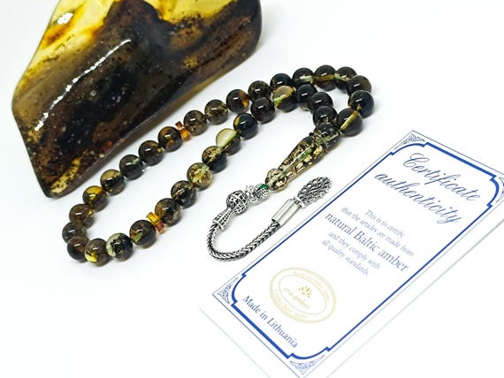 Real Baltic Amber Rosary with Plant Fossils & 925 Silver Tassel, Amber with Plant Fossils, Natural Baltic Amber 33 Beads Islamic Rosary