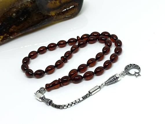 Natural Baltic Amber Rosary with 33 Beads & 925 Sterling Silver Tassel, Prayer Beads,Islamic Amber Tesbih, Kahraman, Kehribar, Muslim Misbah
