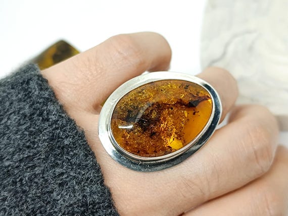 Large Genuine Amber Adjustable Silver Ring, Real Amber Ring,925 Sterling Silver Ring, Handmade Silver Ring, Healing Amber Ring