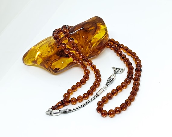 Natural Baltic Amber Islamic Prayer 99 Beads with 925 Silver Tassel, Baltic Amber Rosary,Amber Prayer Beads,Genuine Amber Muslim Rosary