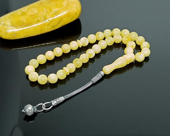 White Baltic Amber Rosary with 33 Beads & 925 Sterling Silver Tassel,Natural Baltic Amber Islamic Prayer Beads,Amber Tesbih,Kahraman
