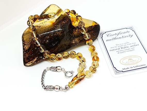 Real Baltic Amber Rosary with Plant Fossils & 925 Silver Tassel, Amber with Plant Fossils,Natural Baltic Amber Islamic Rosary,Amber Tesbih