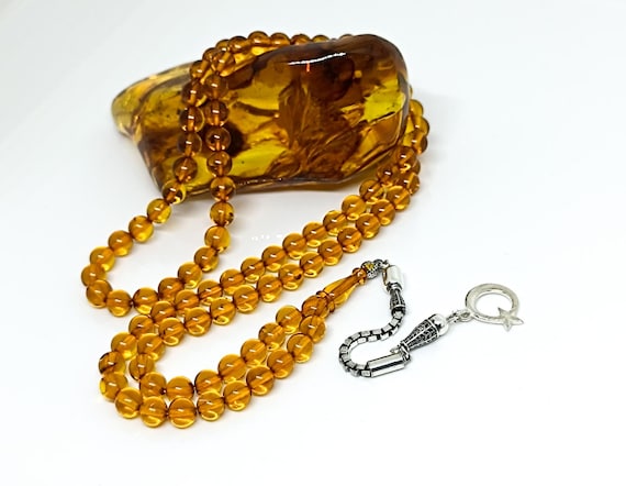 Real Natural Baltic Amber Islamic Prayer 99 Beads with 925 Silver Tassel, Baltic Amber Rosary,Amber Prayer Beads,Genuine Amber Muslim Rosary