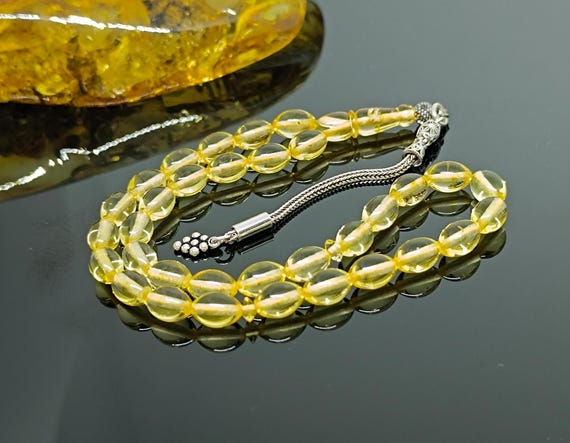 Natural Real  Amber Rosary with 925 Sterling Silver Tassel,Baltic Amber Lemon Color , Tesbih, Kahraman, Kehribar,Genuine Amber Muslim Misbah